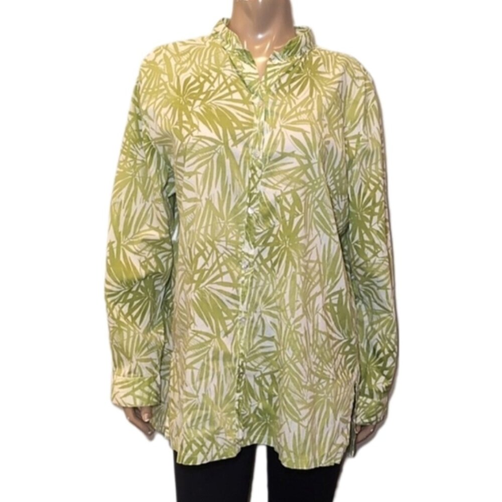 Additions By Chicos Button Down Shirt Mock Neck Side Slit Palm Leaf Print Top
